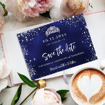 Quinceanera navy blue silver tiara save the date announcement postcard<br><div class="desc">A girly and trendy Save the Date card for a Quinceañera,  15th birthday party. A navy blue uneven colored background. Decorated with faux silver glitter dust and a tiara,  crown. The text: Save the Date is written with a large trendy hand lettered style script.</div>
