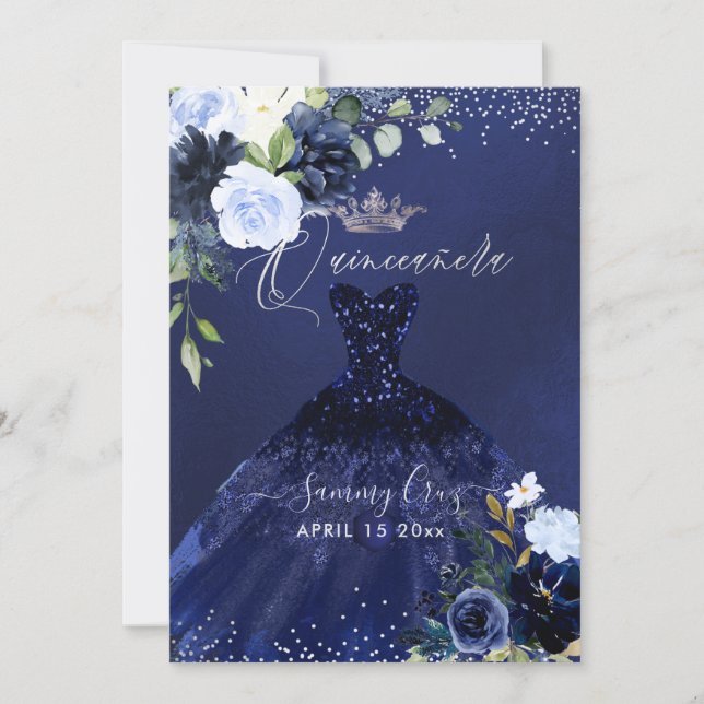 Quinceanera Navy Blue Watercolor Dress Invitation (Front)