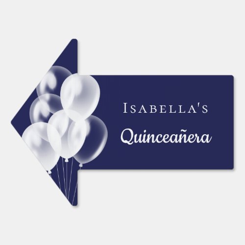 Quinceanera navy blue white balloons name arrow sign