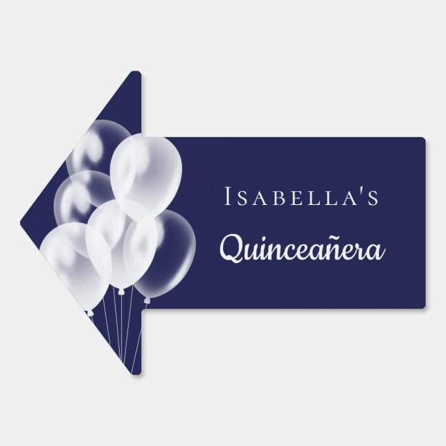 Quinceanera navy blue white balloons name arrow sign (Front)