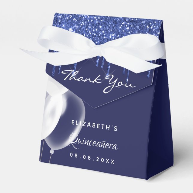 Quinceanera navy blue white balloons thank you favor boxes (Front Side)