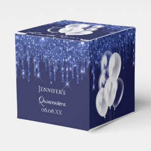 Quinceanera navy blue white balloons thank you favor boxes