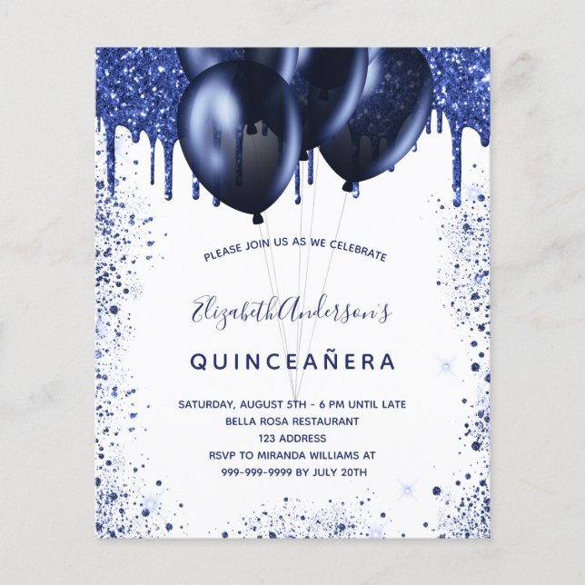 Quinceanera navy blue white budget invitation flyer (Front)