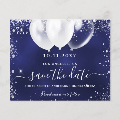 Quinceanera navy blue white budget save date flyer