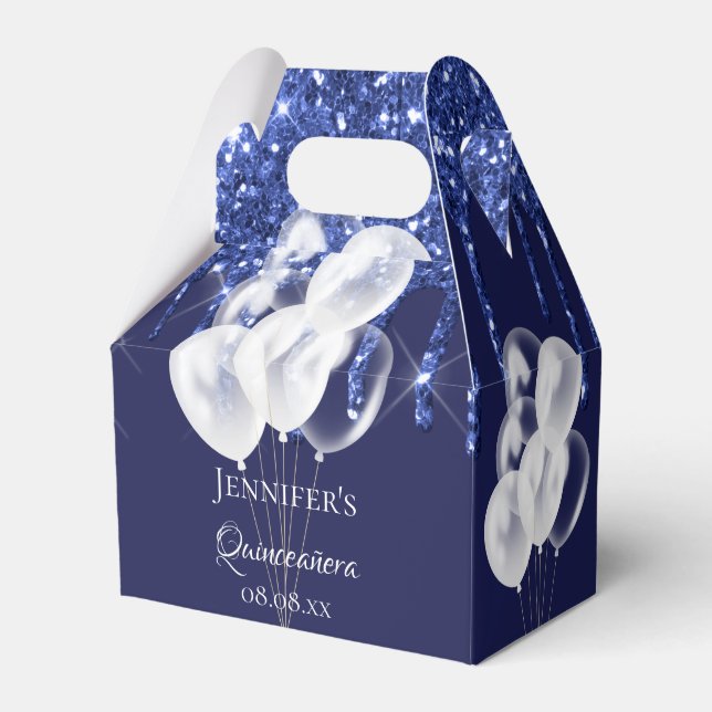 Quinceanera navy blue white glitter balloons favor boxes (Front Side)