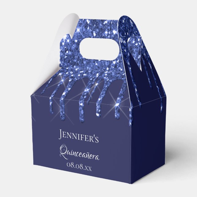Quinceanera navy blue white glitter drips name favor boxes (Front Side)