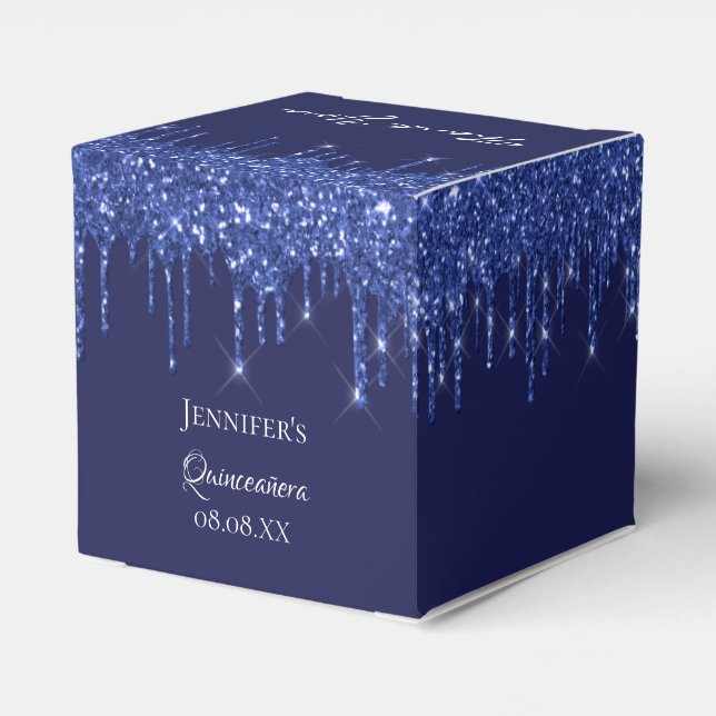 Quinceanera navy blue white glitter thank you favor boxes (Back Side)
