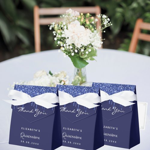 Quinceanera navy blue white glitter thank you favor boxes