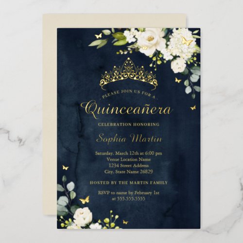 Quinceanera Navy Champagne Floral Gold  Foil Invitation