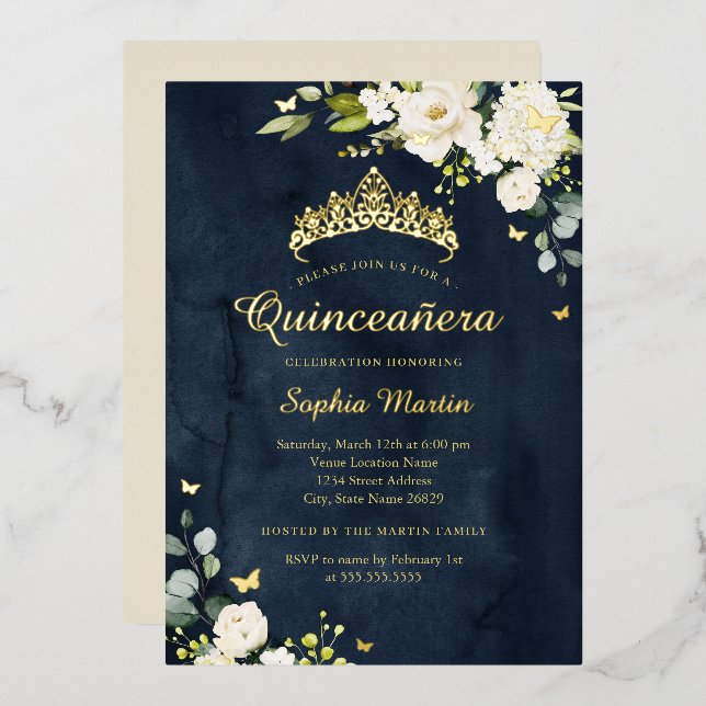 Quinceanera Navy Champagne Floral Gold  Foil Invitation (Front/Back)