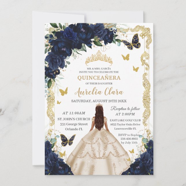 Quinceañera Navy Floral Champagne Gold Princess  Invitation (Front)