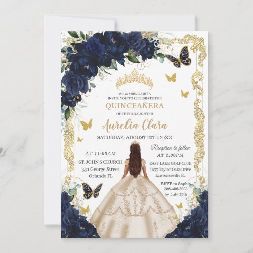 Quinceaera Navy Floral Champagne Gold Princess  Invitation