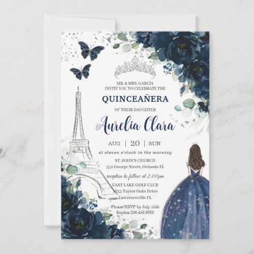 Quinceaera Navy Floral Paris Eiffel Princess Gown Invitation