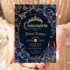 Quinceanera Navy Gold Butterflies Roses Invitation