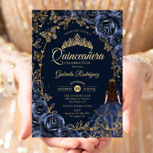 Quinceanera Navy Gold Butterflies Roses Invitation