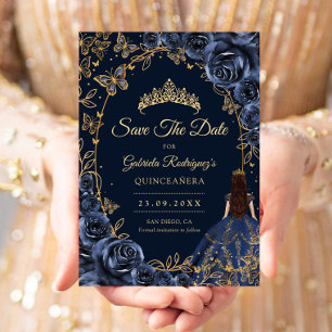 Quinceanera Navy Gold Butterflies Roses Save The Date