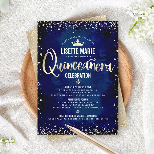 Quinceaera Navy Gold Foil Glitter Princess Crown Invitation