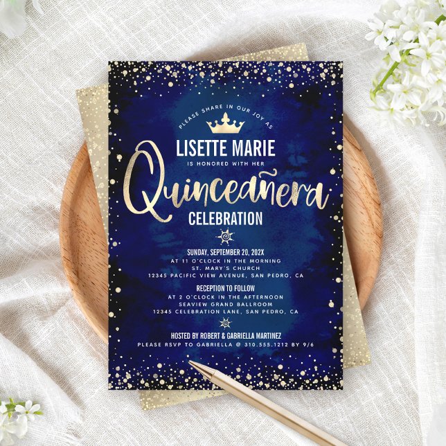 Quinceañera Navy Gold Foil Glitter Princess Crown Invitation (Creator Uploaded)