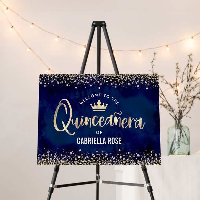 Quinceañera Navy Gold Glitter Foil Crown Welcome Foam Board (In Situ (Stand))