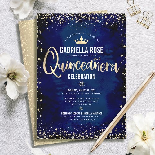 Quinceaera Navy Gold Glitter Foil Princess Crown Invitation