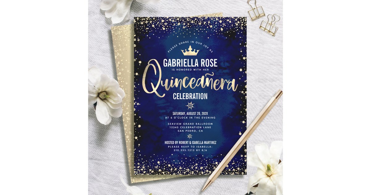 Quinceañera Navy Gold Glitter Foil Princess Crown Invitation