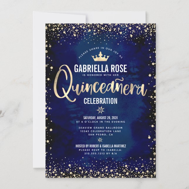 Quinceañera Navy Gold Glitter Foil Princess Crown Invitation