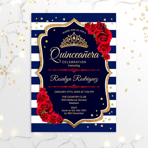 Quinceanera _ Navy Gold Red Invitation