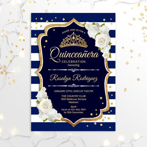 Quinceanera _ Navy Gold White Invitation