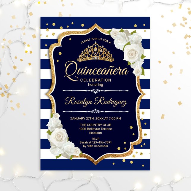 Quinceanera - Navy Gold White Invitation (Creator Uploaded)