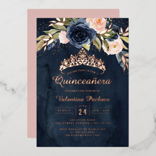 Quinceanera Navy Pink Rose Gold Floral Foil Invitation