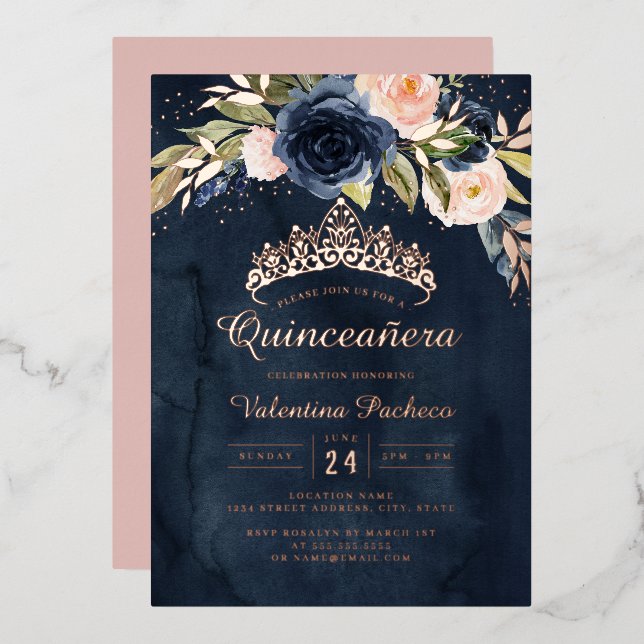 Quinceanera Navy Pink Rose Gold Floral  Foil Invitation (Front/Back)