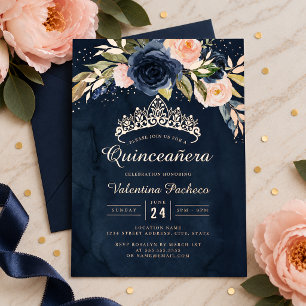 Quinceanera Navy Pink Rose Gold Floral Foil Invitation