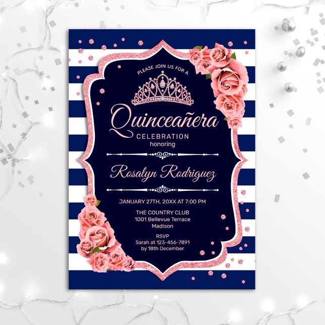 Quinceanera - Navy Rose Gold Invitation (Creator Uploaded)