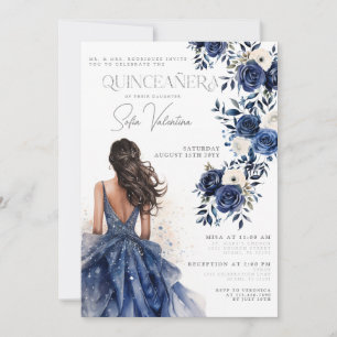Quinceañera Navy Royal Blue Floral Gown Princess Invitation