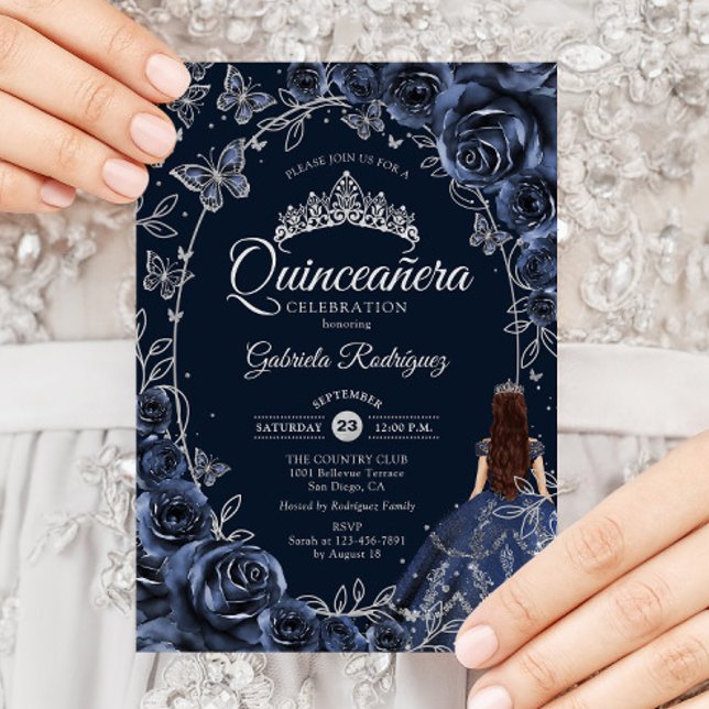Quinceanera Navy Silver Butterflies Roses Invitation (Creator Uploaded)
