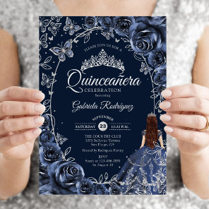 Quinceanera Navy Silver Butterflies Roses Invitation