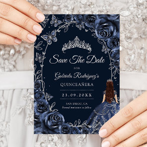 Quinceanera Navy Silver Butterflies Roses Save The Date