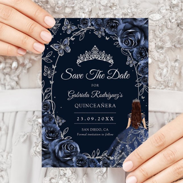 Quinceanera Navy Silver Butterflies Roses Save The Date (Creator Uploaded)