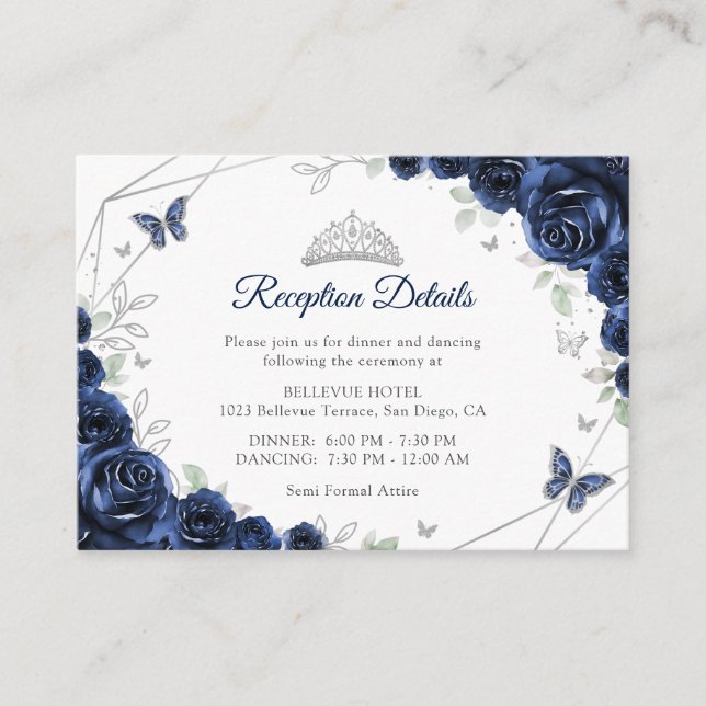 Quinceanera Navy Silver Floral Details Enclosure Card (Front)