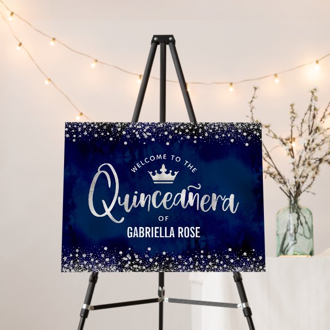 Quinceañera Navy Silver Glitter Foil Crown Welcome Foam Board (In Situ (Stand))