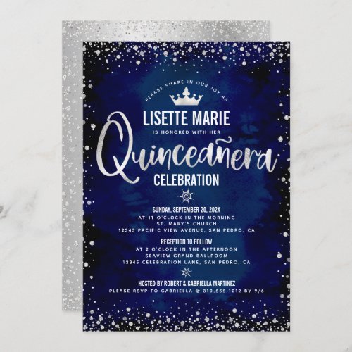 Quinceaera Navy Silver Glitter Princess Crown Invitation