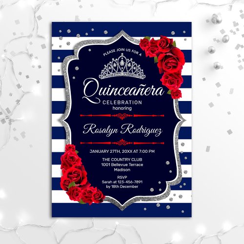 Quinceanera _ Navy Silver Red Invitation