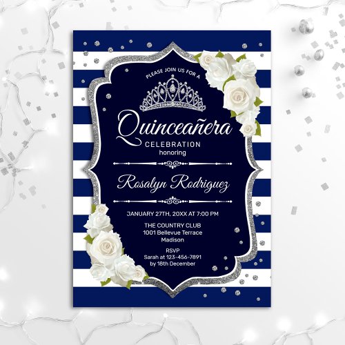 Quinceanera _ Navy Silver White Invitation