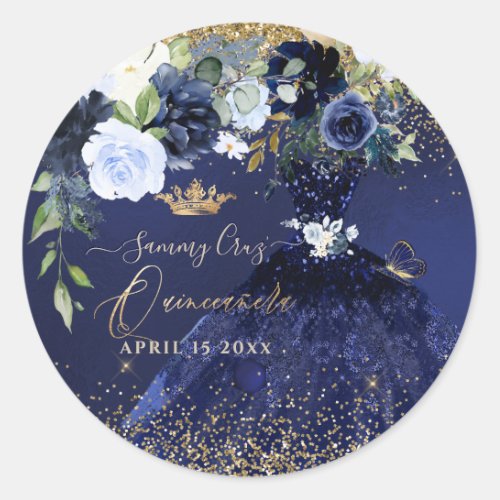 Quinceanera Navy Watercolor Dress Gold Glitter Classic Round Sticker