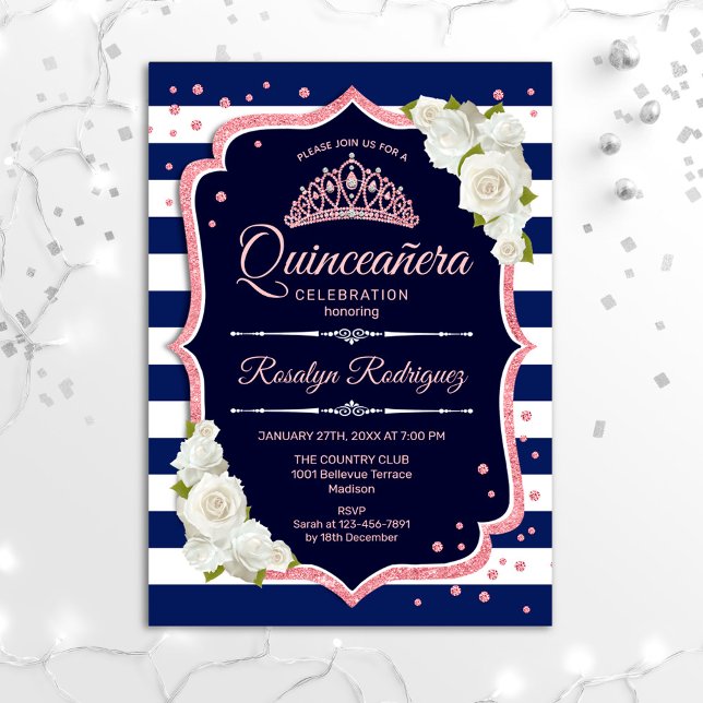 Quinceanera - Navy White Rose Gold Invitation (Creator Uploaded)