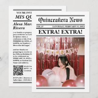 Quinceanera Newspaper Elegant Modern Photo QR Code Invitation