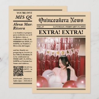 Quinceanera Newspaper Elegant Modern Photo QR Code Invitation