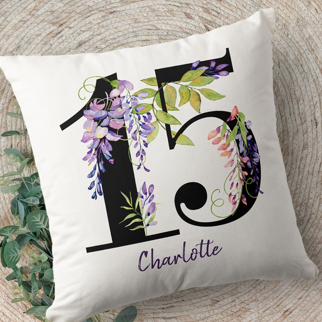 Quinceanera Number 15 Purple Wisteria Flowers Throw Pillow (15th Birthday gift pillow from my Purple Wisteria Quinceanera Collection)