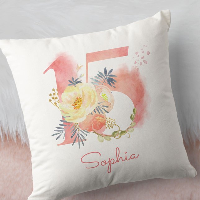 Quinceanera Number 15 Watercolor Mist Floral Throw Pillow (Creator Uploaded)