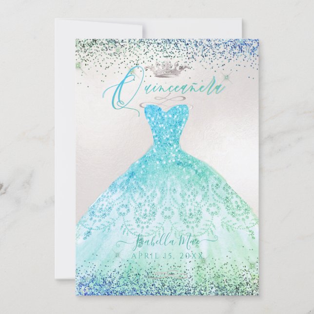 Quinceanera Ombre Aqua Green Glitter Gown Invitation (Front)